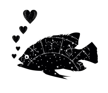 T-shirt image of the silhouette of a fish with hearts coming out of its mouth on a white background.