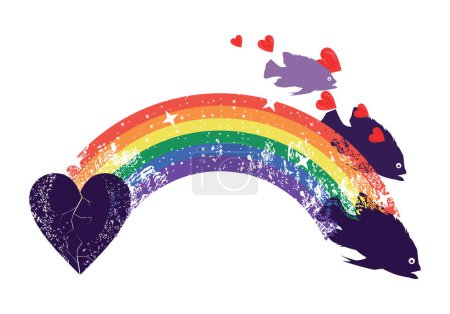 T-Shirt-Bild eines Regenbogens mit Herz und einer Gruppe Fische. Schwulenstolz.