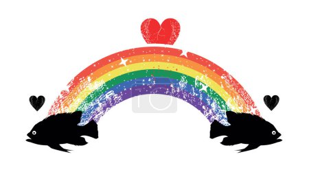 T-Shirt-Bild zweier Fische, vereint durch einen Regenbogen und ein rotes Herz auf weißem Hintergrund. Schwulenstolz.