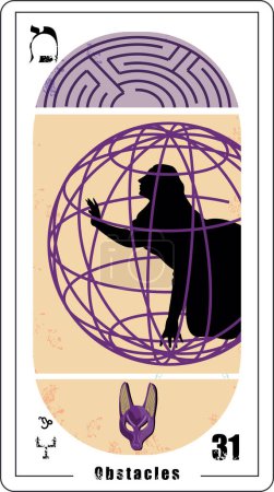 Téléchargez les illustrations : Carte de tarot égyptienne numéro 31, appelée Les Obstacles. Silhouette de femme enfermée et un labyrinthe. Uranus en Capricorne. - en licence libre de droit