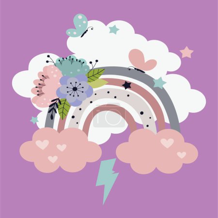 T-Shirt-Design eines Regenbogens mit Wolken und Lippen in rosa Farben auf violettem Hintergrund. Pop Art.