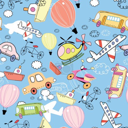 Pattern seamless design with helicopters, airplanes, hot air balloons and children's style cars on a light blue background.