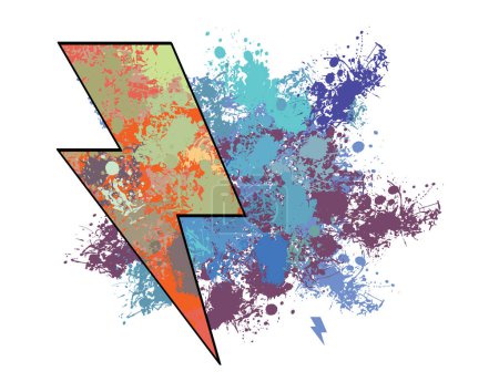 T-Shirt-Design eines Donner-Symbols zusammen mit bläulichen und violetten Flecken und Formen auf weißem Hintergrund.
