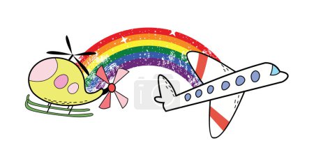 T-shirt design of a yellow helicopter and a plane united by a rainbow. Gay pride.