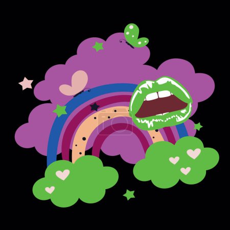 T-shirt design of a rainbow with clouds and lips on a black background. Pop Art.