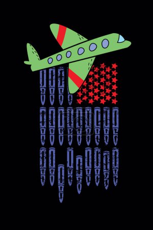 Illustration for Player design of a military plane next to the USA flag made up of blue bullets and red stars. Critical illustration of war. - Royalty Free Image