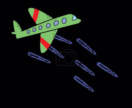 Camiseta de diseño de un avión militar verde lanzando bombas sobre un fondo negro. Ilustración vectorial infantil