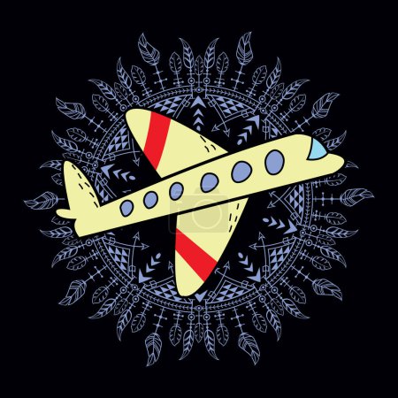 T-shirt design with an illustration of a white airplane next to a mandala on a black background.