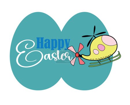Happy Easter. T-shirt design of a yellow helicopter along with white letters on blue oval shapes.. 