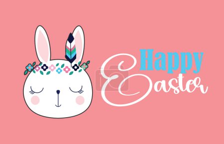 Happy Easter. T-shirt design of the head of a white rabbit next to handwritten letters on a pink background.