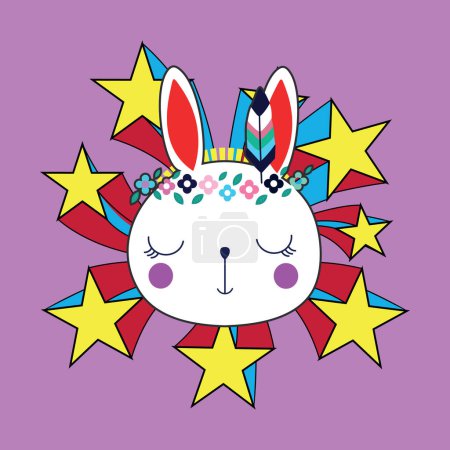 Illustration for T-shirt design of the head of an Easter bunny surrounded by stars on a violet background. - Royalty Free Image
