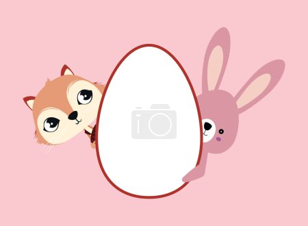 Illustration for T-shirt design of a white Easter egg with a rabbit and a squirrel peeking out on a pink background. - Royalty Free Image