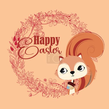 Frohe Ostern. T-Shirt-Design eines Eichhörnchens mit einer Eichel auf einem Kreis aus Blättern auf braunem Hintergrund. Kindervektorillustration. 