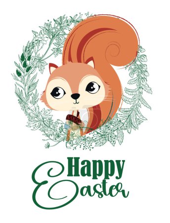 Frohe Ostern. T-Shirt-Design eines Eichhörnchens mit einer Eichel auf einem Kreis aus Blättern. Kindervektorillustration.