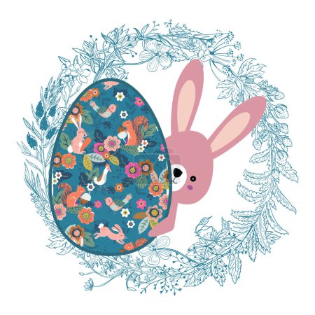 T-shirt design d'un ?uf de Pâques avec un lapin rose derrière et un cercle d'aiguilles de pin sur fond blanc. 