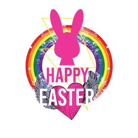 Illustration for Happy easter. Pink rabbit silhouette t-shirt design with a circular rainbow and a winged heart. Gay pride. - Royalty Free Image