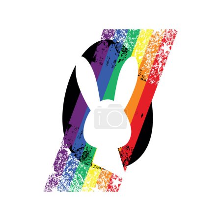 T-Shirt-Design der weißen Silhouette eines Hasen neben einem Regenbogen und einer Ostereier-Silhouette auf weißem Hintergrund. Schwulenstolz.