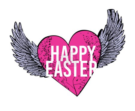 Téléchargez les illustrations : Joyeuse Pâques. T-shirt design d'un coeur rose ailé. - en licence libre de droit