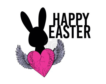 Frohe Ostern. T-Shirt-Design eines geflügelten Herzens und die Silhouette eines schwarzen Kaninchens.