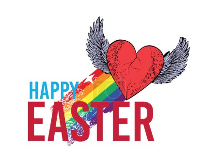Ilustración de Feliz Pascua. Diseño de la camiseta con un corazón alado rojo junto con un arco iris y texto sans serif. - Imagen libre de derechos