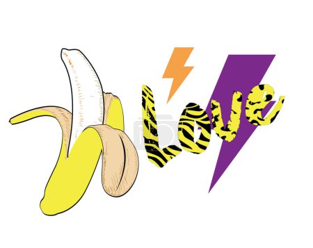 Love. T-shirt design of a banana next to the thunder symbol and word with animal print.