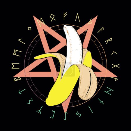 Téléchargez les illustrations : T-shirt design d'une banane à côté d'une étoile inversée à cinq branches dans un cercle de runes vikings. Cercle démoniaque. - en licence libre de droit