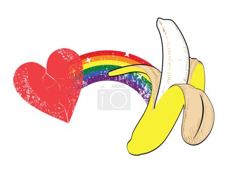 T-Shirt-Design einer Banane und eines roten Herzens, vereint durch einen Regenbogen. Schwulenstolz.