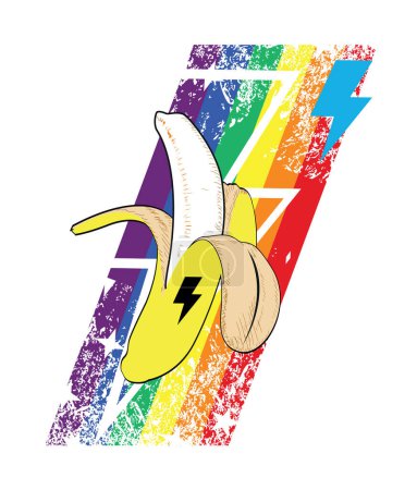 T-Shirt-Design einer Banane mit Regenbogen und dem Symbol des Blitzes. 