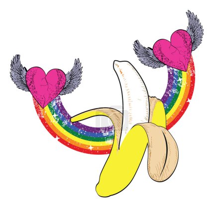 T-Shirt-Design einer Banane mit zwei geflügelten Herzen und einem Regenbogen. Schwulenstolz.