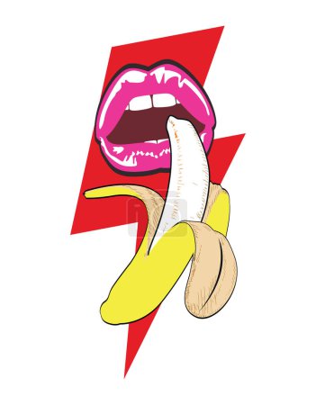 T-Shirt-Design mit Banane und roten Lippen auf dem roten Touran-Symbol. Glamouröser Rock.