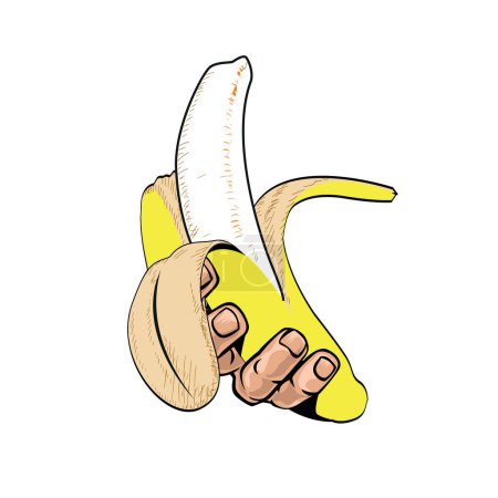 Shirt design of a yellow banana held by a male hand on a white background.