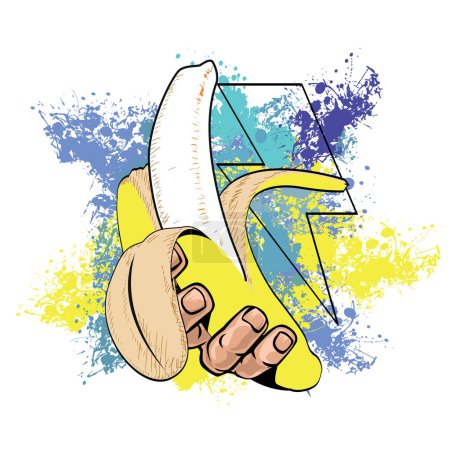 Diseño de la camiseta de un plátano sostenido en una mano junto al símbolo del rayo en manchas azuladas.