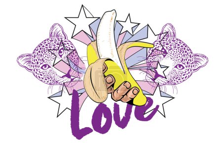 Liebe. T-Shirt-Design einer Banane in der einen Hand, umgeben von Sternen und Leopardenköpfen auf weißem Hintergrund.