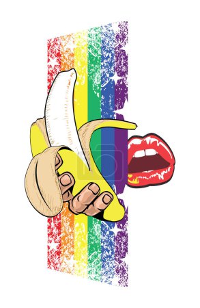 T-shirt design of a banana held by a male hand over a vertical rainbow and red lips. Gay pride