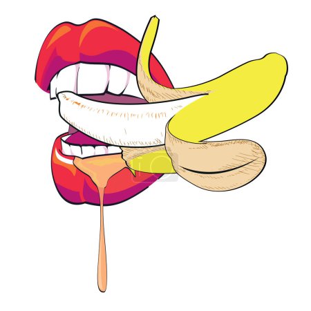 Diseño para un criador de labios rojos disfrutando de un plátano. Ilustración sexy.