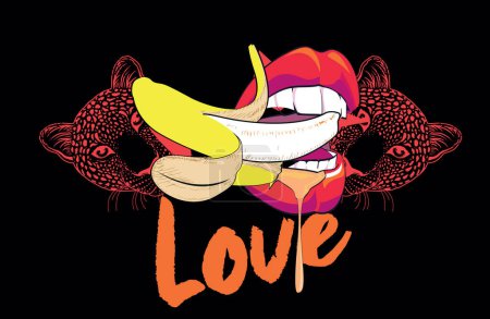 Téléchargez les illustrations : L'amour. T-shirt design de lèvres rouges embrassant une banane avec deux têtes de léopard sur un fond noir - en licence libre de droit