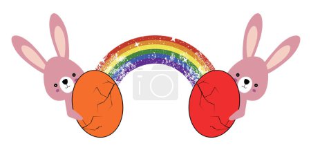 Ilustración de Camiseta de diseño de un arco iris y dos huevos de Pascua con conejos rosados sobre un fondo blanco.. - Imagen libre de derechos