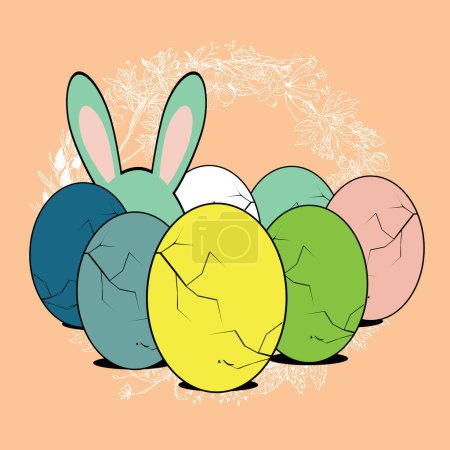 Illustration for T-shirt design of multicolored Easter eggs and bunny ears on a pink background. - Royalty Free Image