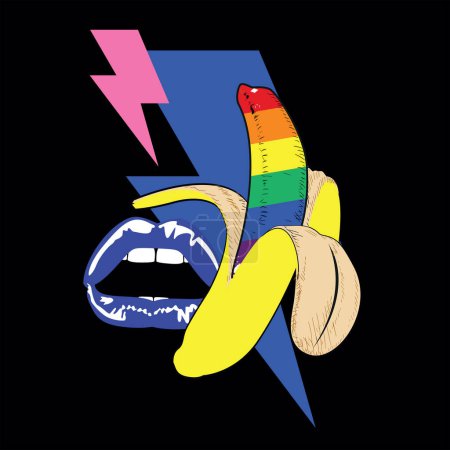 Camiseta de plátano multicolor de diseño con labios y símbolo de trueno. Orgullo gay.