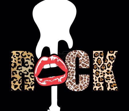 Rock. Guitar silhouette t-shirt design with red lips and animal print letters on a black background. Glamorous rock.