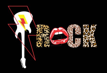 2. Roca. Diseño de la camiseta de la silueta de la guitarra con símbolo del trueno, labios rojos y letras de impresión animal sobre un fondo negro. Roca glamurosa.
