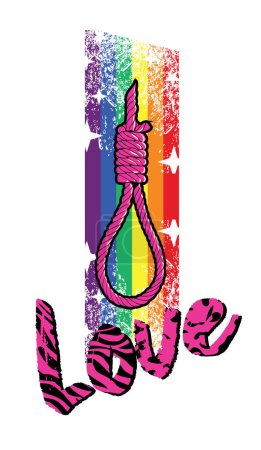 Liebe. T-Shirt Design eines hängenden Seils mit einem Regenbogen. Illustration gut für Gay Pride.