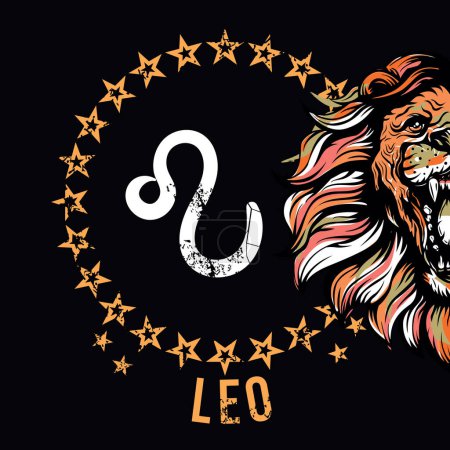 Leo. T-shirt design of the zodiac symbol next to a feline head in the dark.