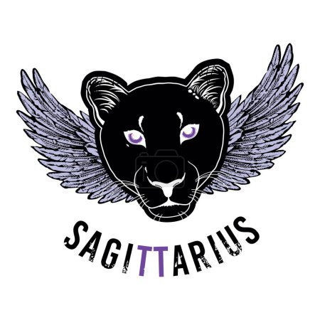 Ilustración de Sagittarius. T-shirt design of the sagittarius symbol along with a feline head with wings on a white background. - Imagen libre de derechos