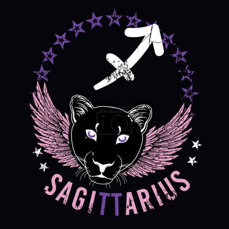 Ilustración de Sagittarius. T-shirt design of the sagittarius symbol along with a feline head with wings on a black background. - Imagen libre de derechos