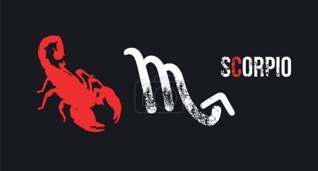 Scorpio. T-shirt design of the Scorpio symbol along with a red silhouette of the animal on a black background