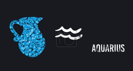 Aquarius. T-shirt design of the Aquarius symbol next to a blue Greek jug on a black background.