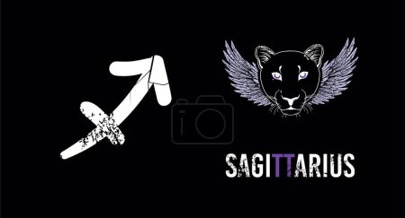 Sagittarius. T-shirt design of the sagittarius symbol along with a feline head with wings on a black background.