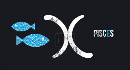 Pisces. T-shirt design of the Pisces symbol along with two celestial fish on a black background.