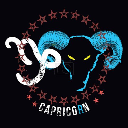 Capricorn. T-shirt design of a goat head with horns next to a circle of stars on a black background.